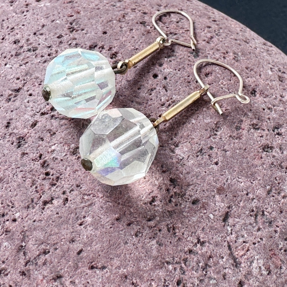 Vintage Aurora Borealis Crystal Ball Drop Earrings Gold Tone AB Faceted 1 1/8